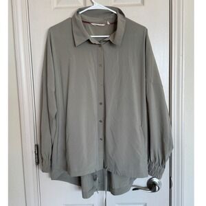 Soft Surroundings Olive Grey Button-Down‎ Drawstring Hem Lightweight Shirt XL L1